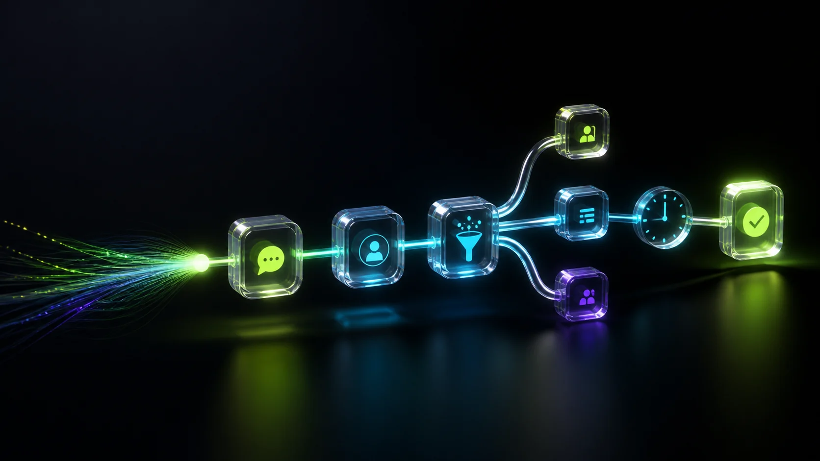 Illuminated glass workflow nodes carrying an enquiry through a follow-up sequence