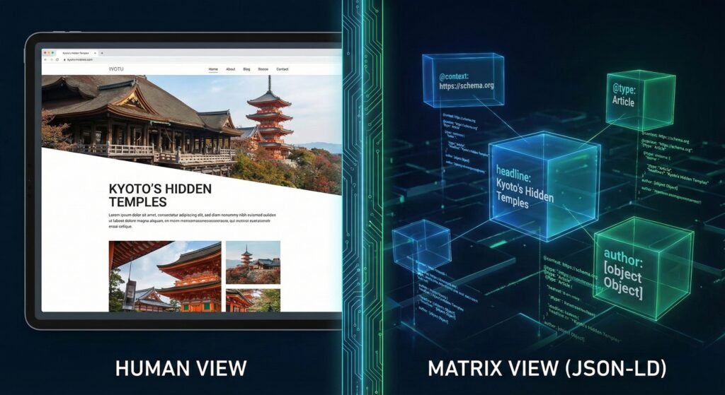 A side-by-side comparison shows a website about Kyoto’s temples on the left and a JSON-LD data visualization of its content on the right.