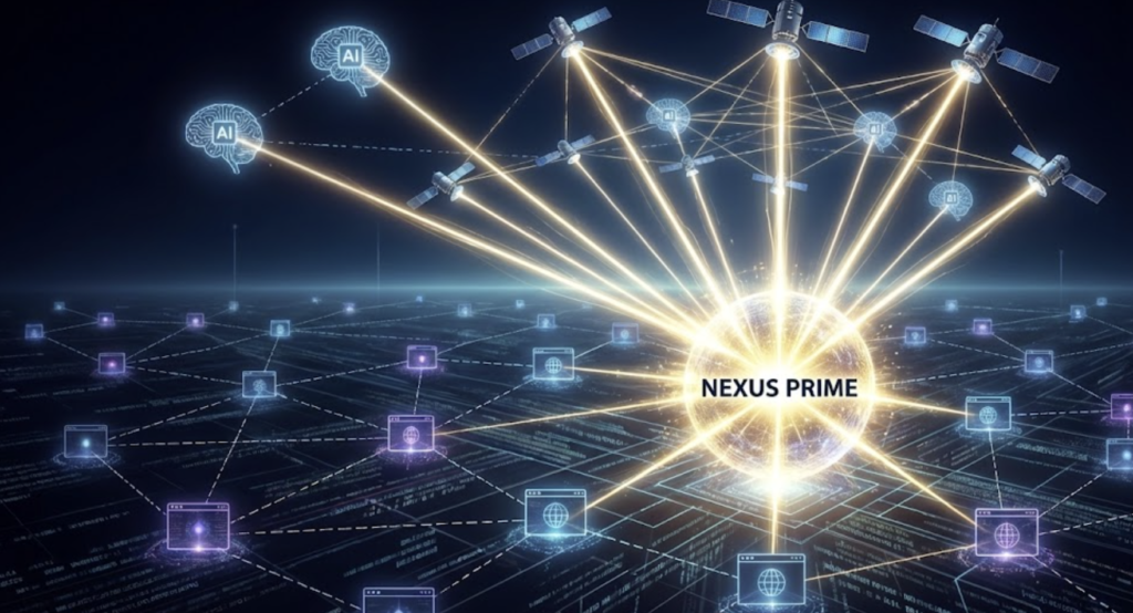 Digital illustration showing satellites and AI brains connected to a central glowing sphere labeled "NEXUS PRIME," with a network of devices and data nodes below.
