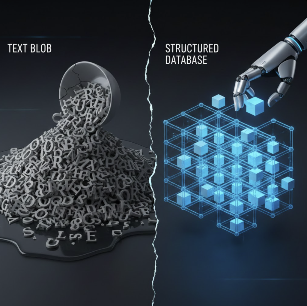 A split image showing scattered letters labeled "Text Blob" on the left and a robotic hand organizing glowing cubes labeled "Structured Database" on the right.
