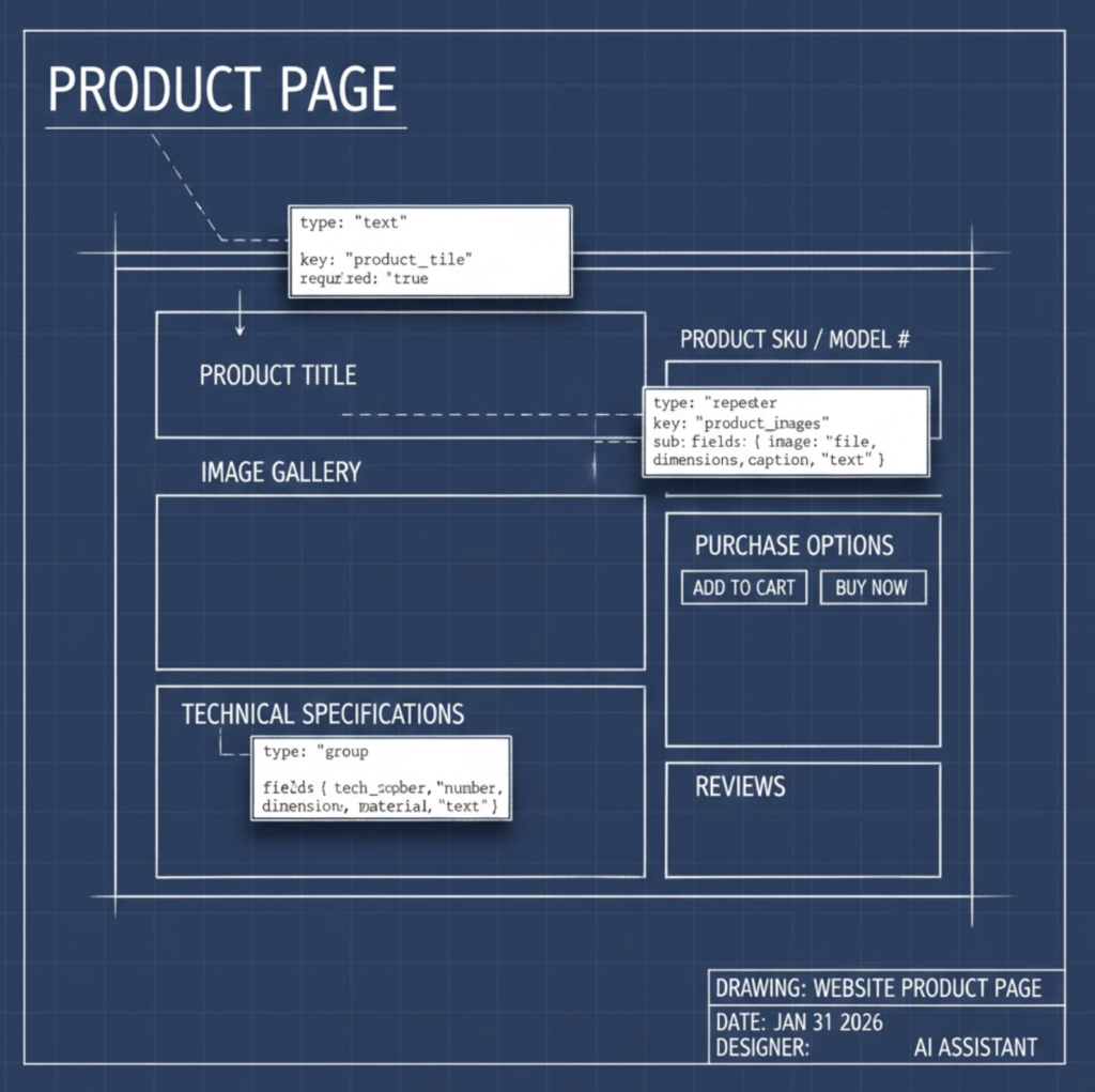 Blueprint-style diagram showing a product page layout with labeled sections for title, SKU/model, image gallery, technical specifications, purchase options, and reviews.