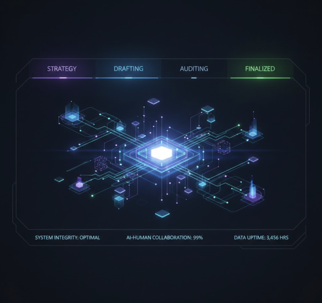 A digital interface showing a workflow diagram with stages: Strategy, Drafting, Auditing, and Finalized. System integrity, AI-human collaboration, and data uptime stats are displayed below.