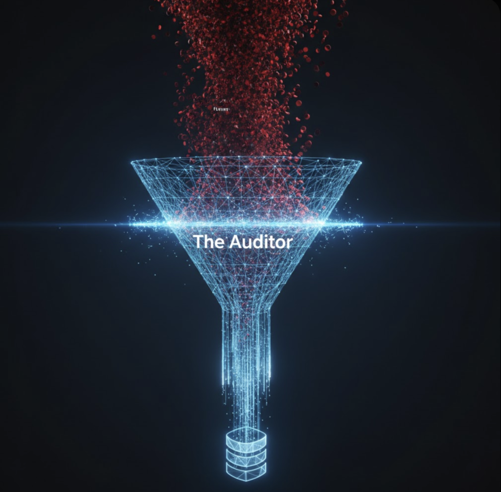 A digital illustration of a blue wireframe funnel labeled "The Auditor" filtering red particles into a small container below, set against a dark background.
