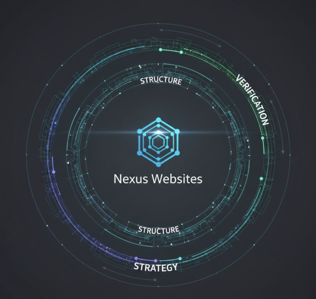 A circular digital graphic labeled "Nexus Websites" at the center, with rings labeled "Structure," "Strategy," and "Verification" surrounding it.
