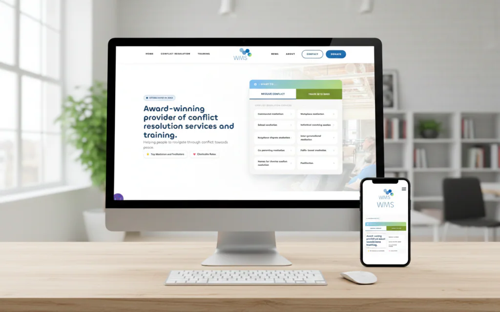 WMS Mediation website presented on a desktop display