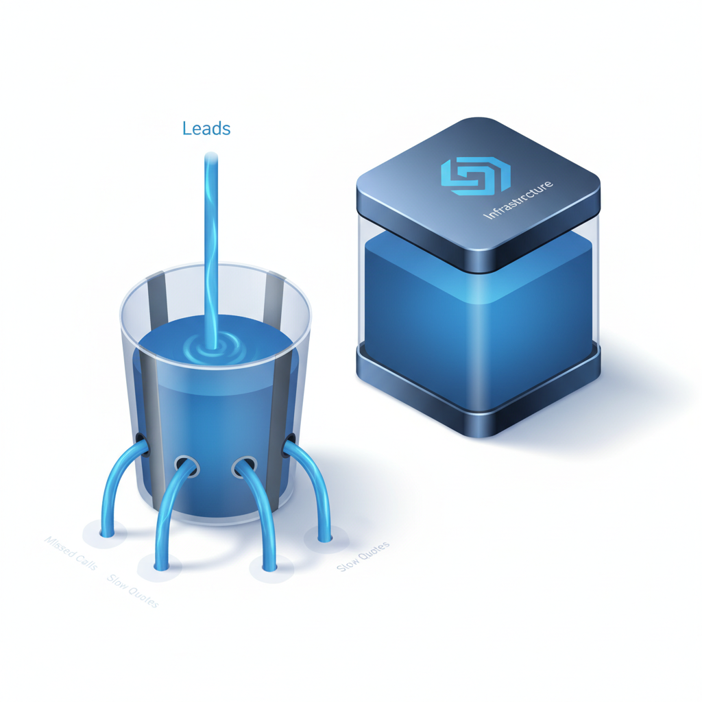 Diagram comparing a leaking lead bucket to a sealed infrastructure tank for trade businesses.