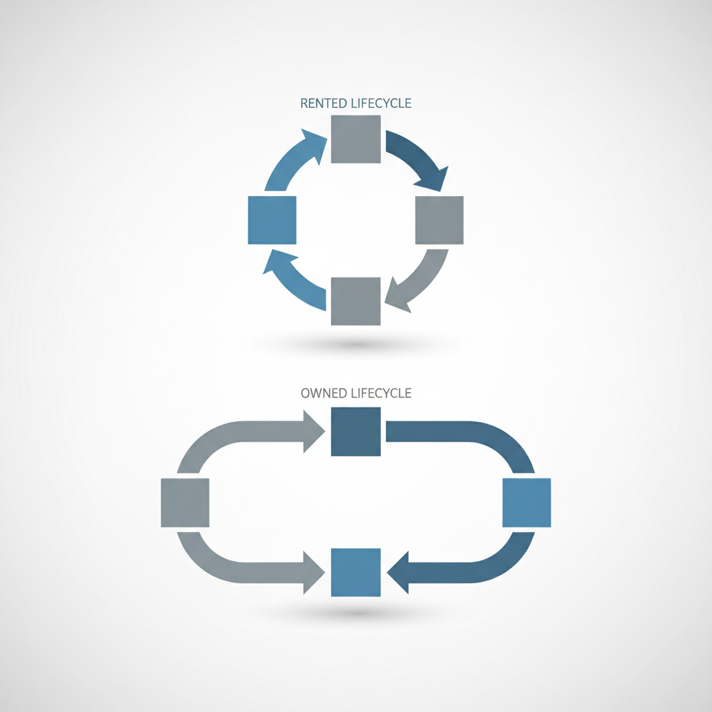 Diagram comparing rented leads versus an owned lead lifecycle